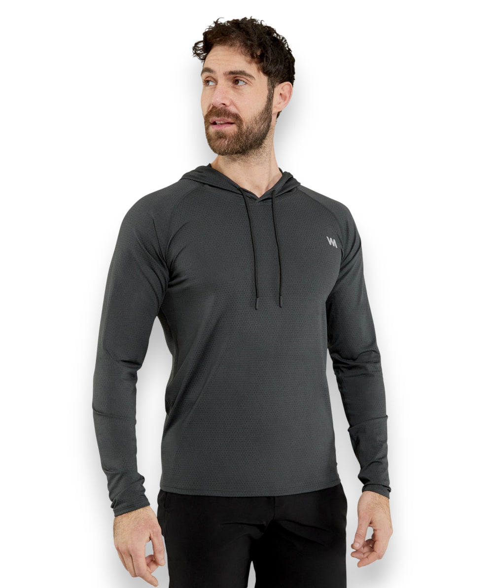 Man wearing a black sports hoodie with a WA brand logo on a white background