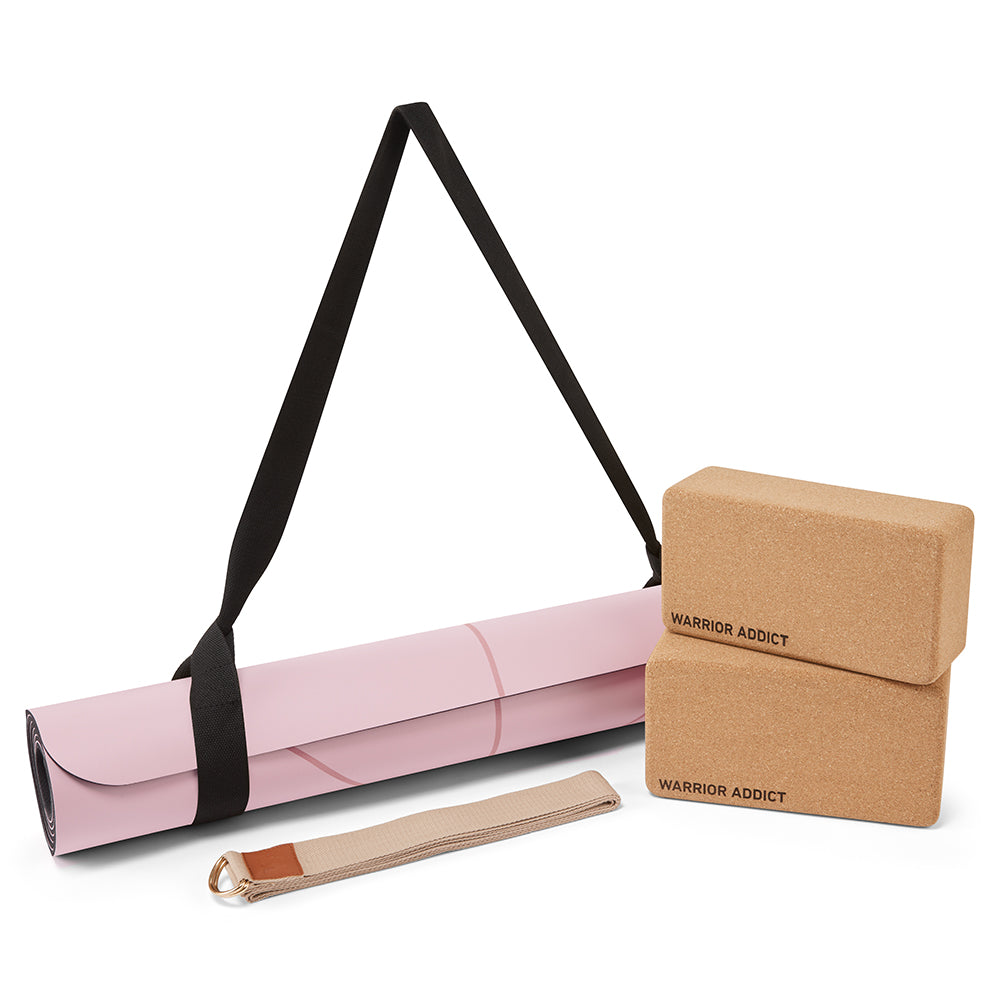 Warrior Non Slip Yoga Mat Set With Two Cork Blocks & Strap - Pink