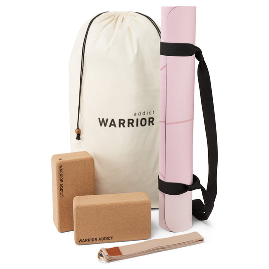 Warrior Non Slip Yoga Mat Set With Two Cork Blocks &amp; Strap - Pink