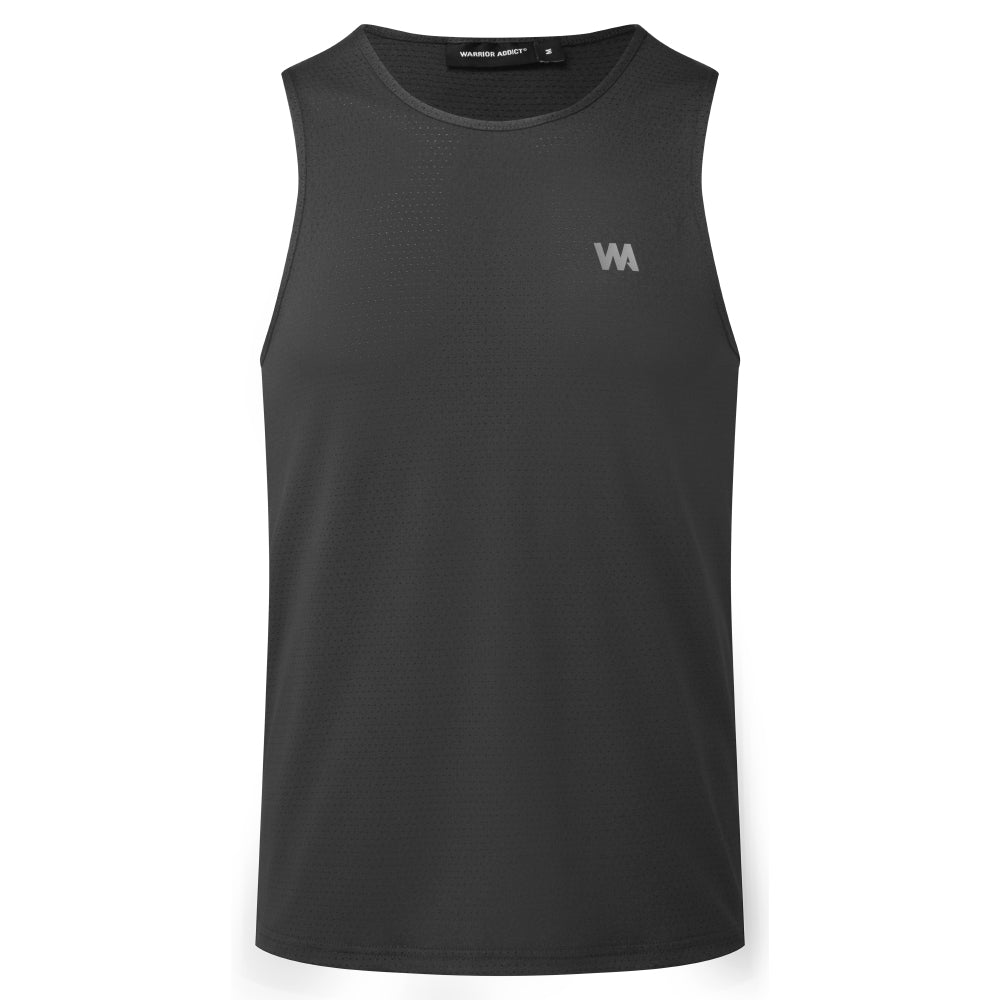 Black sleeveless shirt with a logo on a white background