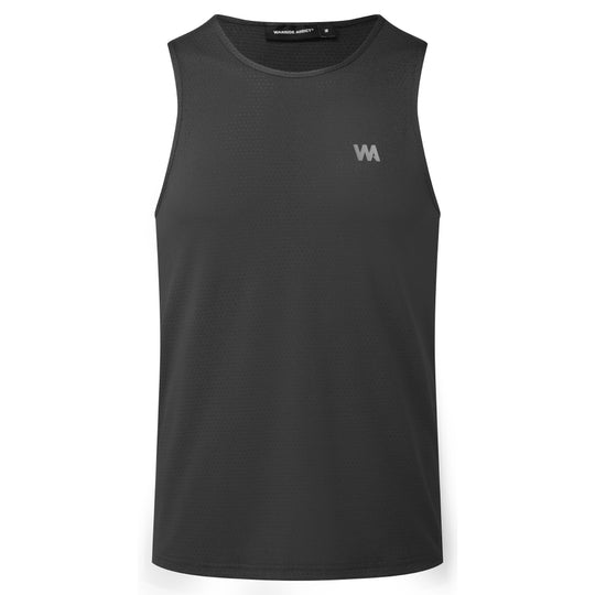Black sleeveless shirt with a logo on a white background