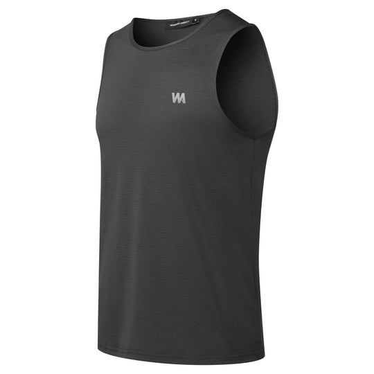 Black sleeveless shirt with a logo on a white background