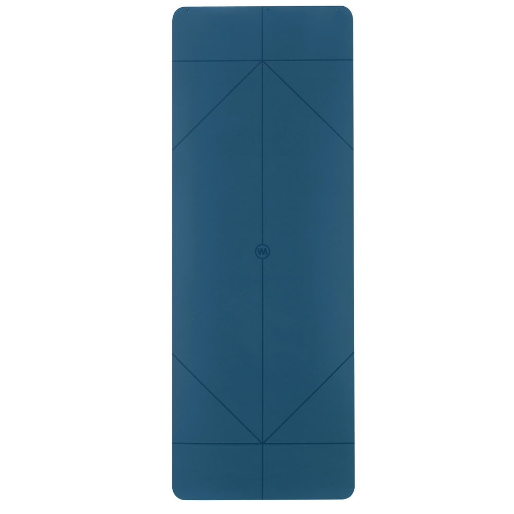 Blue yoga mat with geometric design.