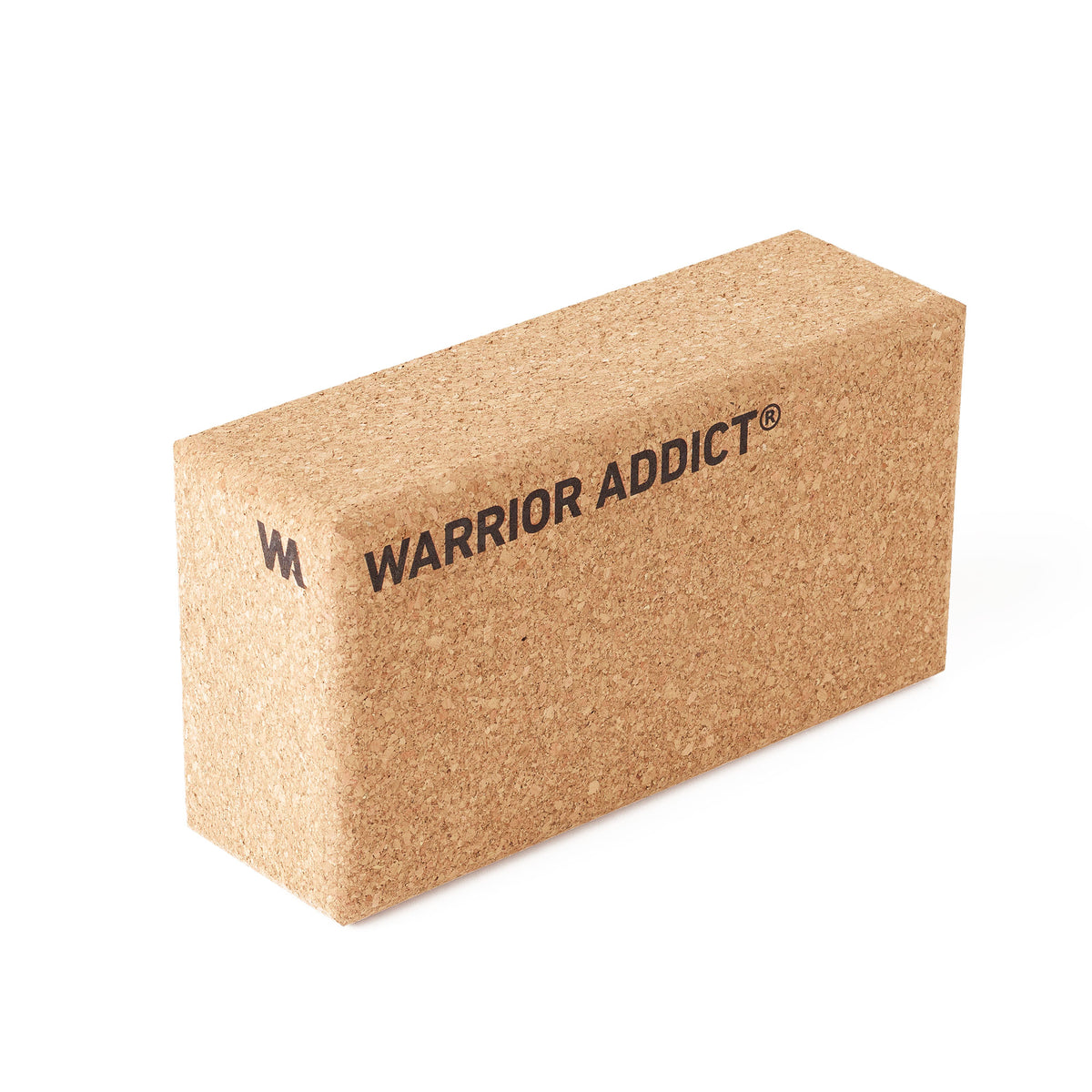 side view of cork yoga block with warrior addict logo 