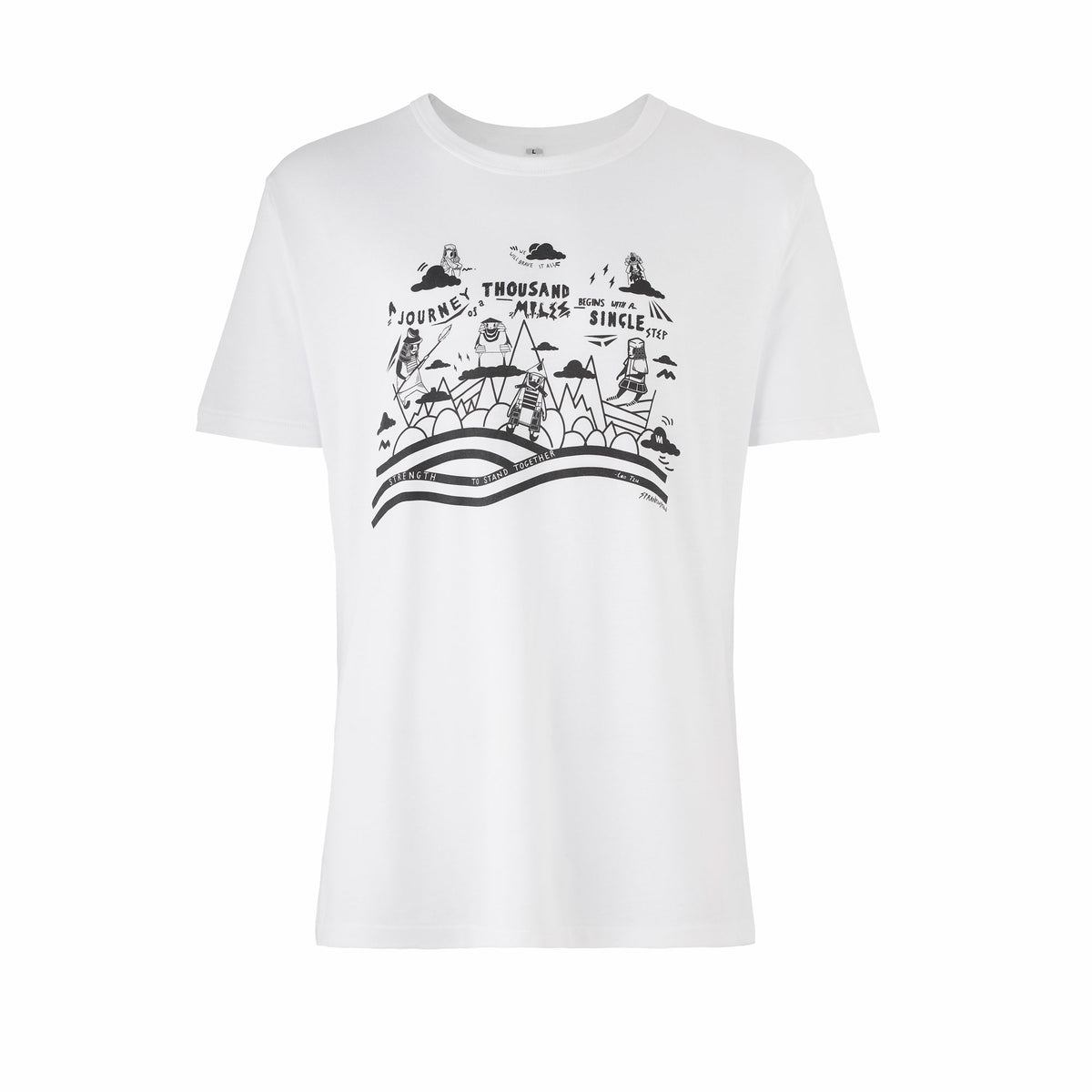 front of white mens yoga t-shirt with warrior art print 