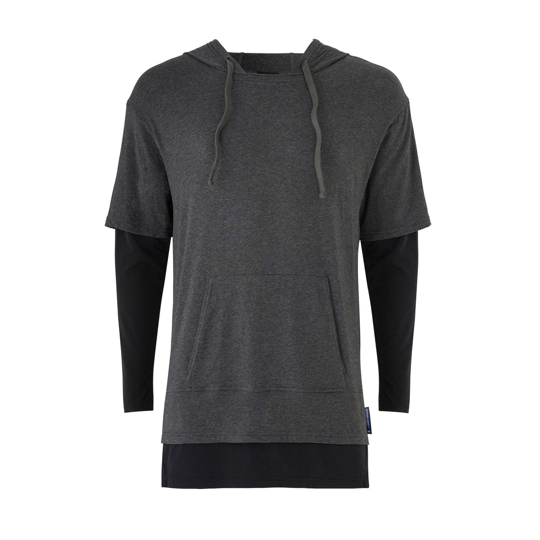 grey mens yoga hoodie front view by warrior addict 