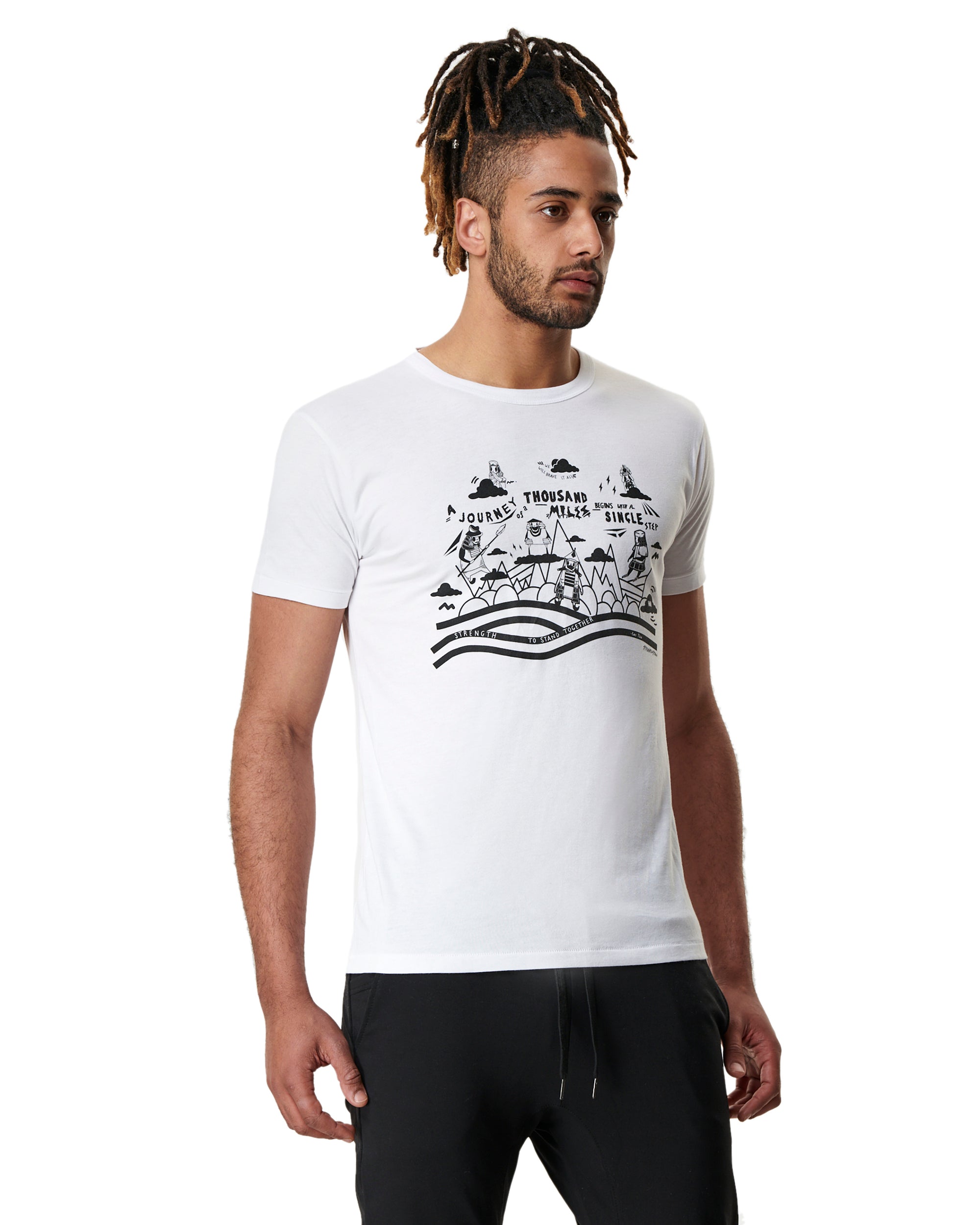 man in white mens yoga t-shirt by warrior additc with warrior print 