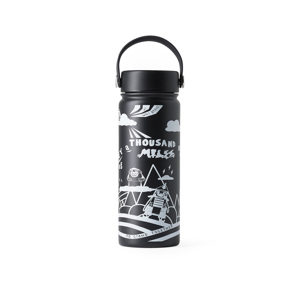 mens water bottle with  carry strap lid and warrior art print 