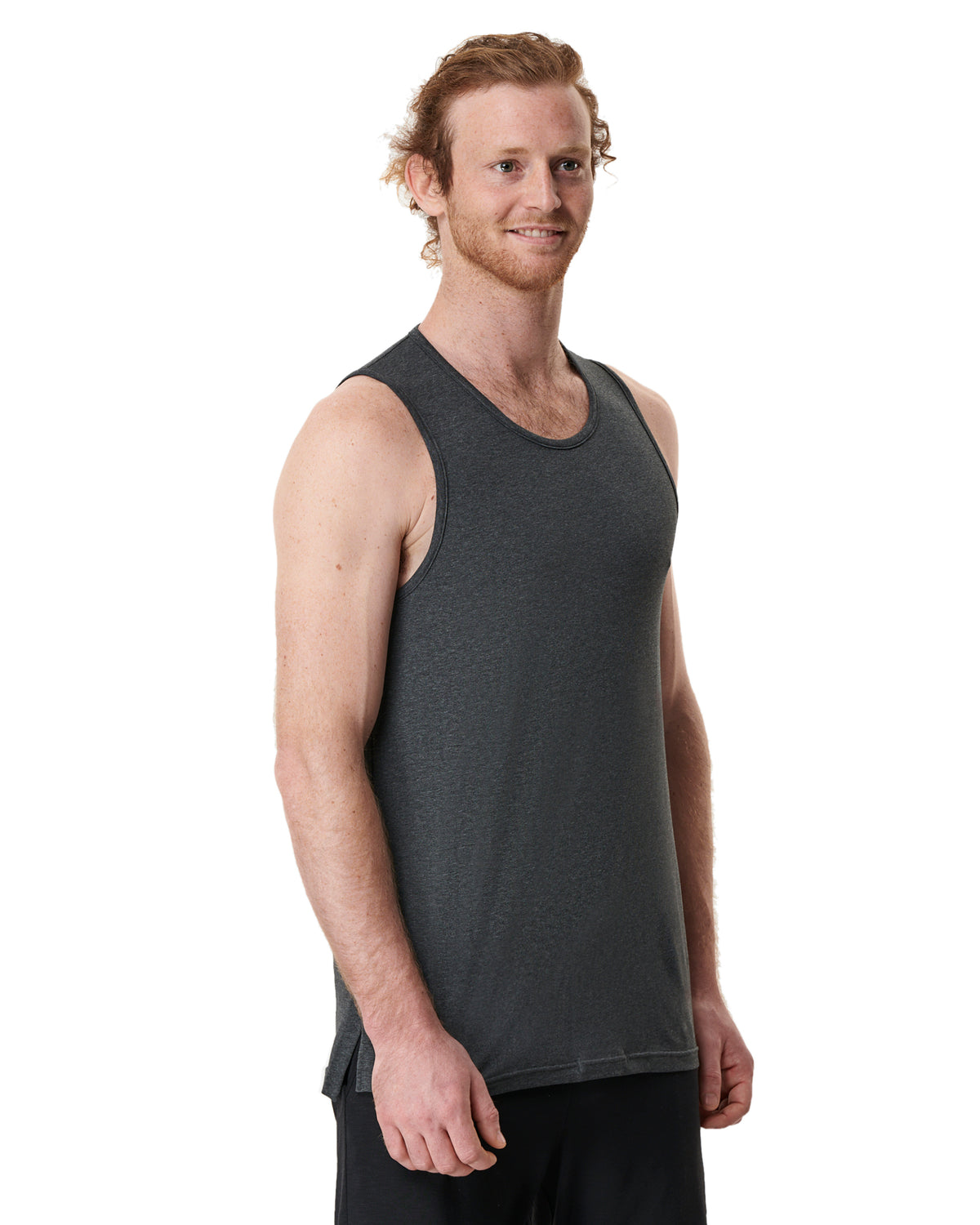 man wearing a grey mens yoga top 