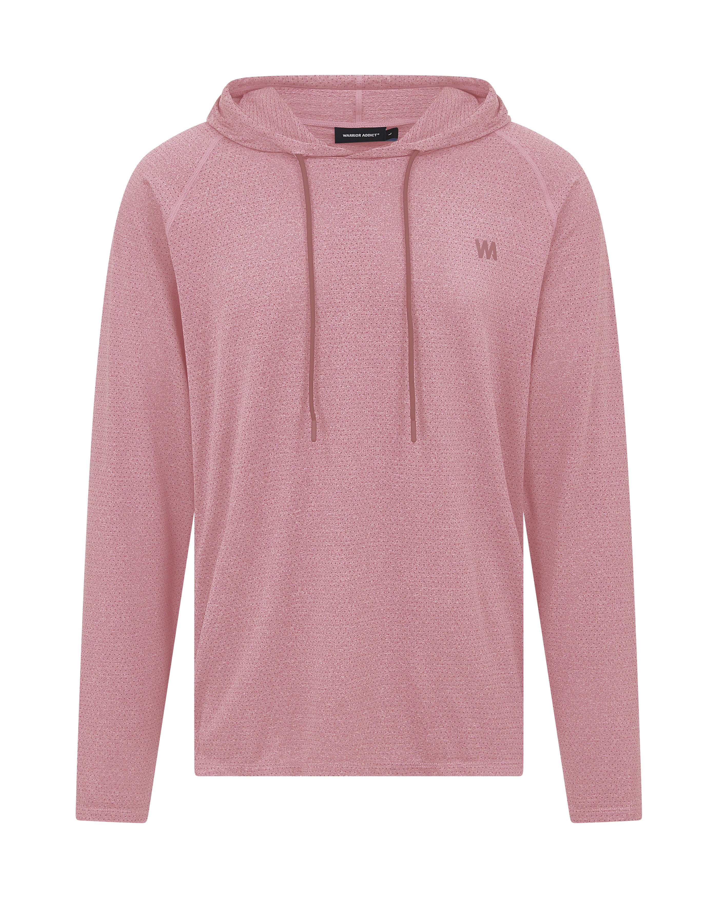 Pink hooded sweatshirt with long sleeves.