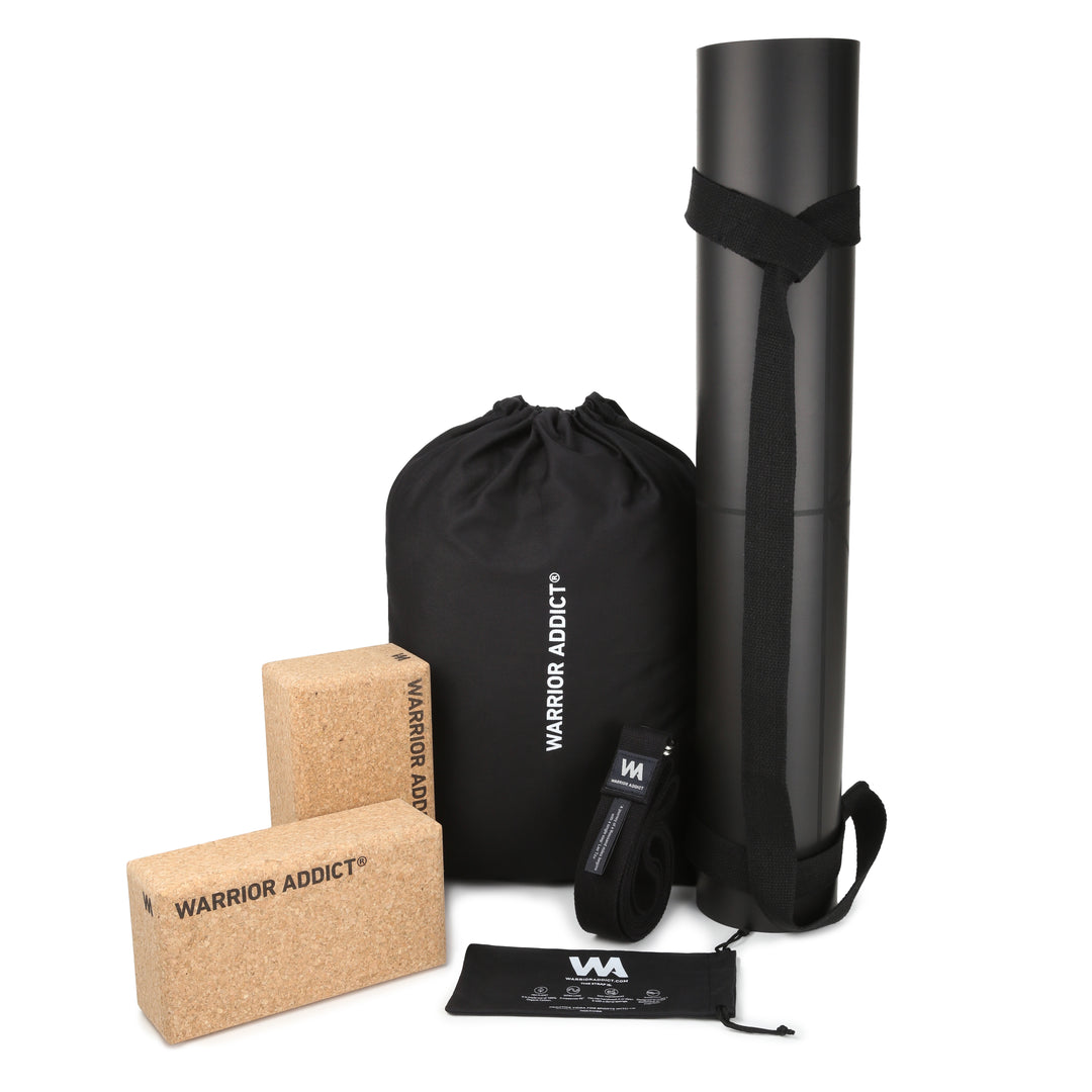 a set of two cork yoga blocks, yoga strap and black yoga may by warrior addict 
