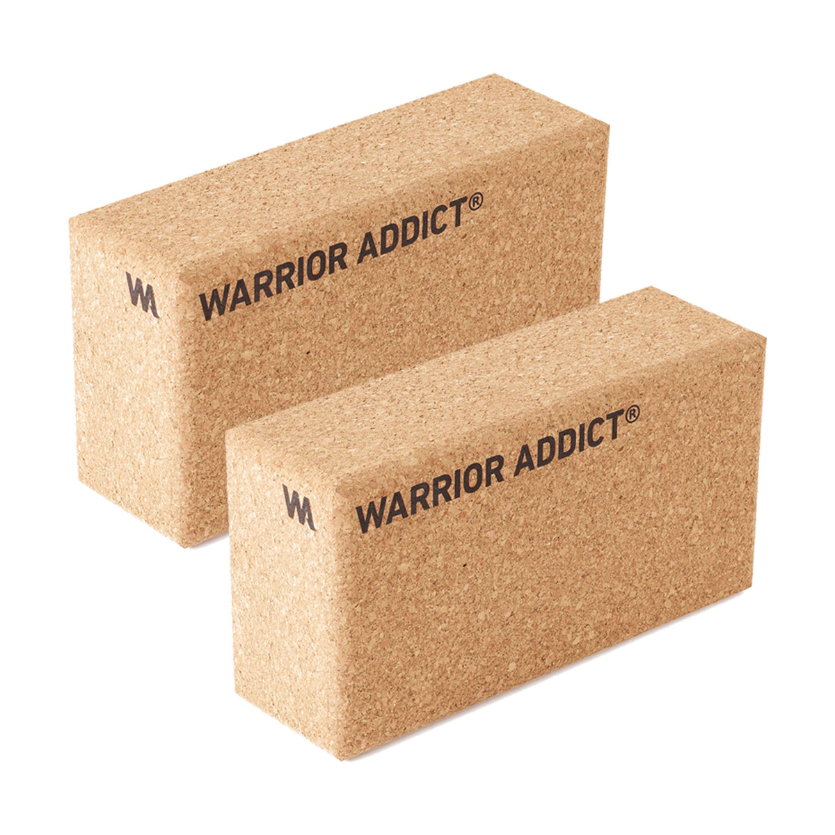 side view two cork yoga blocks with warrior addict logo 