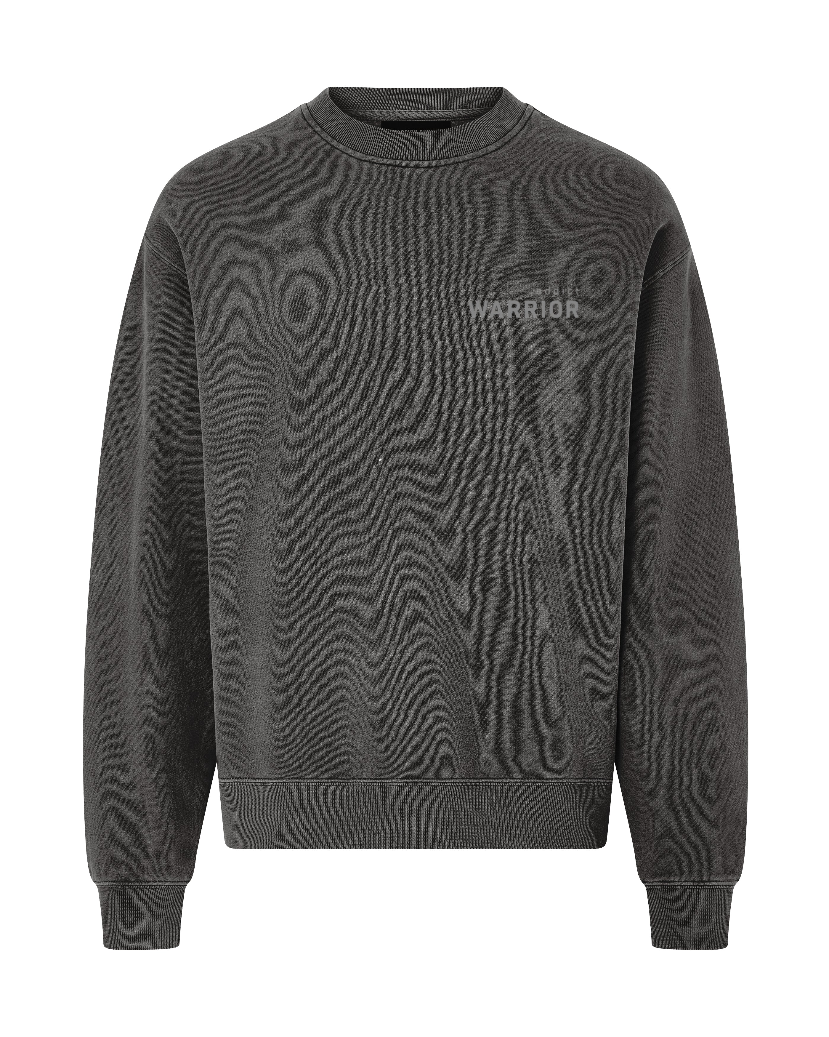 Faded faded black  regular fit crew sweatshirt  made from cotton and polyester blend with 'Warrior Addict'm text on a white background