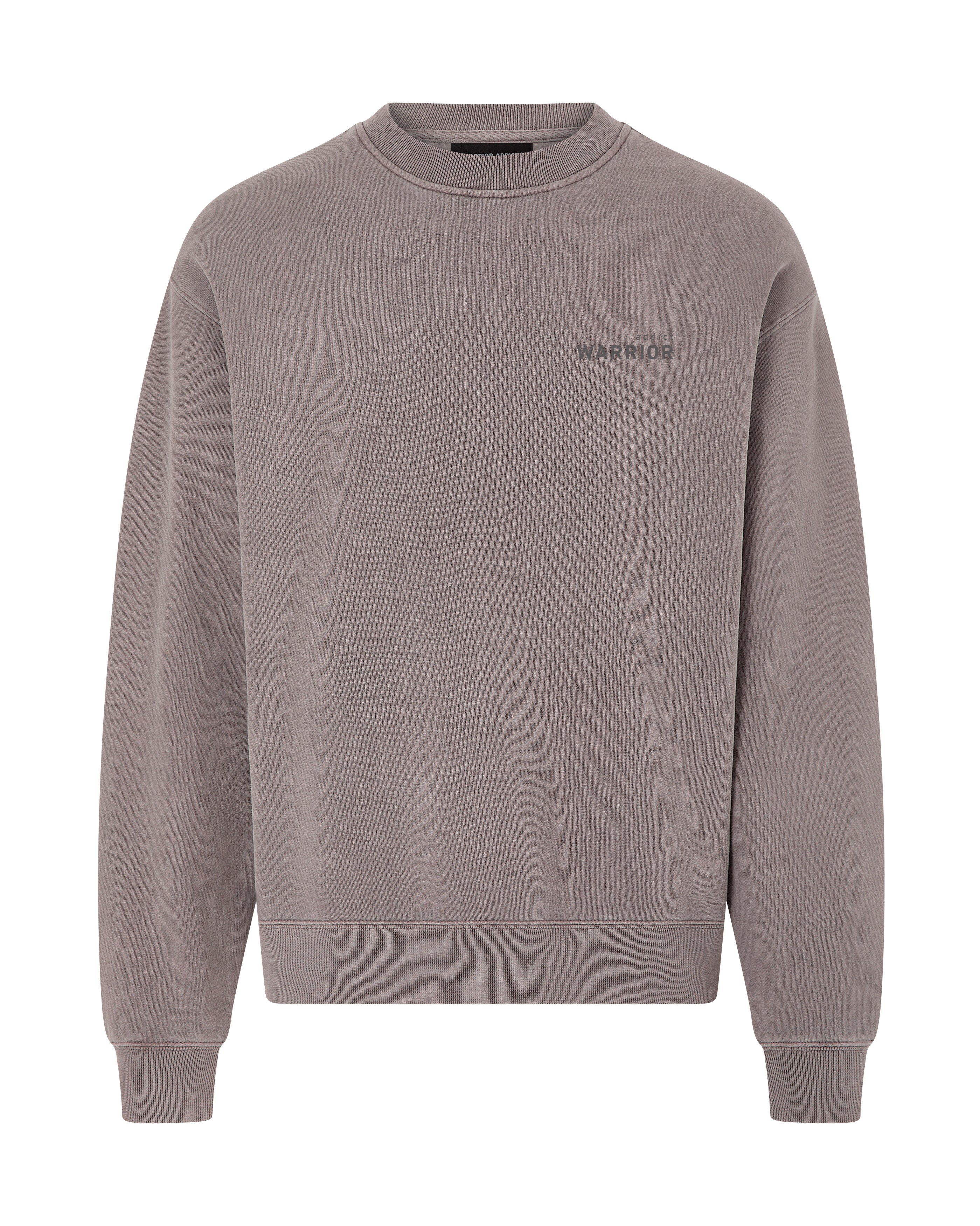 Faded grey crew neck sweatshirt  cotton and polyester blend with 'WARRIOR ADDICT ' logo on a white background