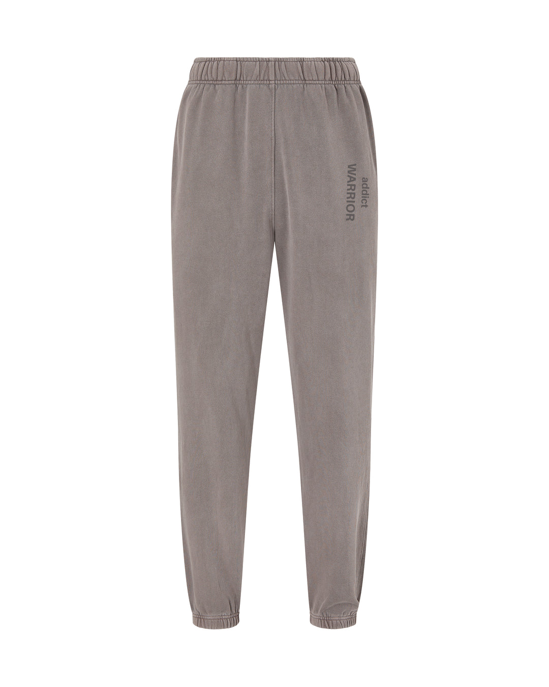 Gray jogger sweatpants with an elastic waistband and text "addict warrior".
