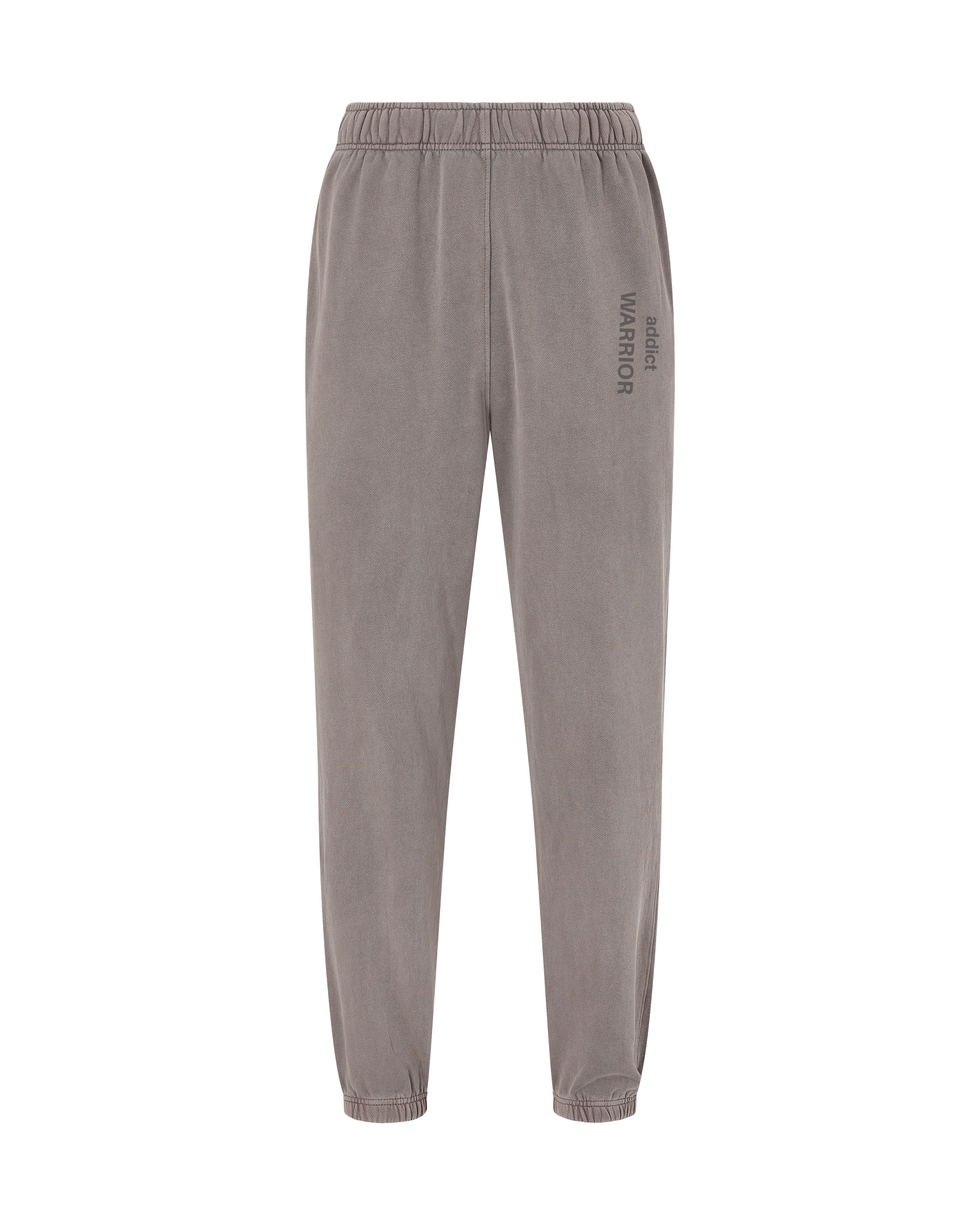 Gray jogger sweatpants with an elastic waistband and text "addict warrior".