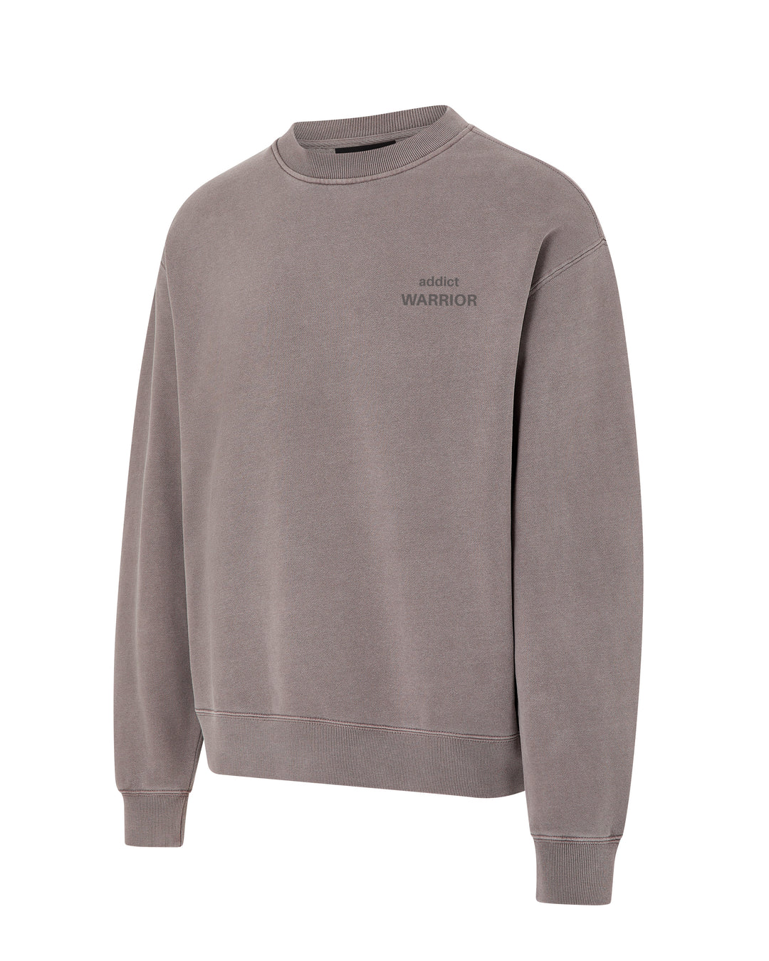 Gray crewneck sweatshirt with "addict WARRIOR" text.