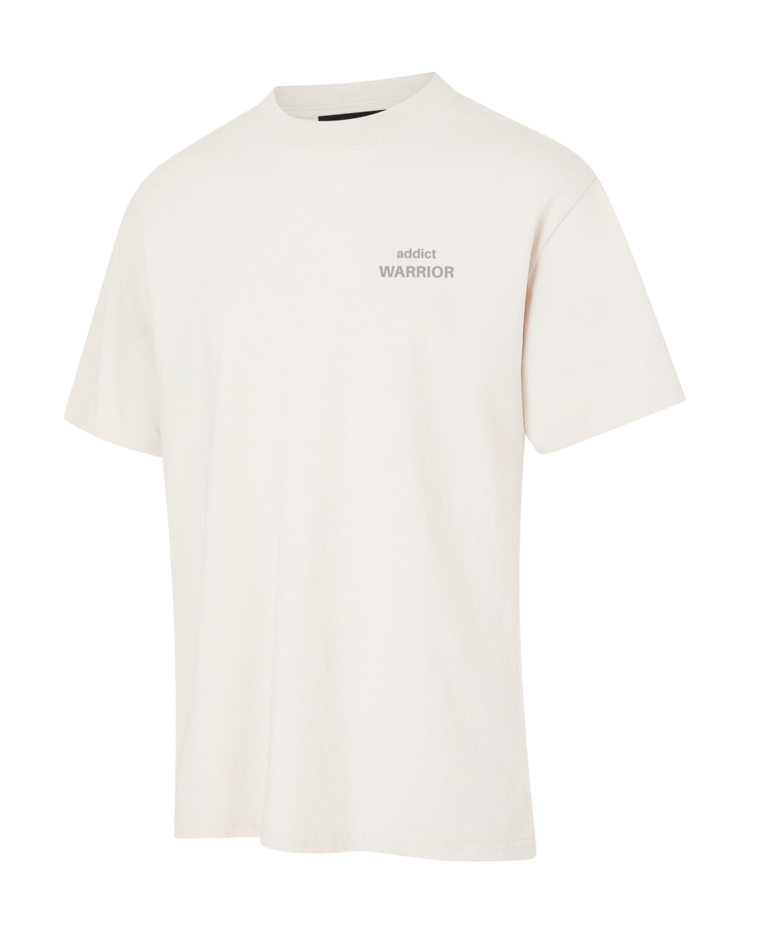 White t-shirt with "addict warrior" text.