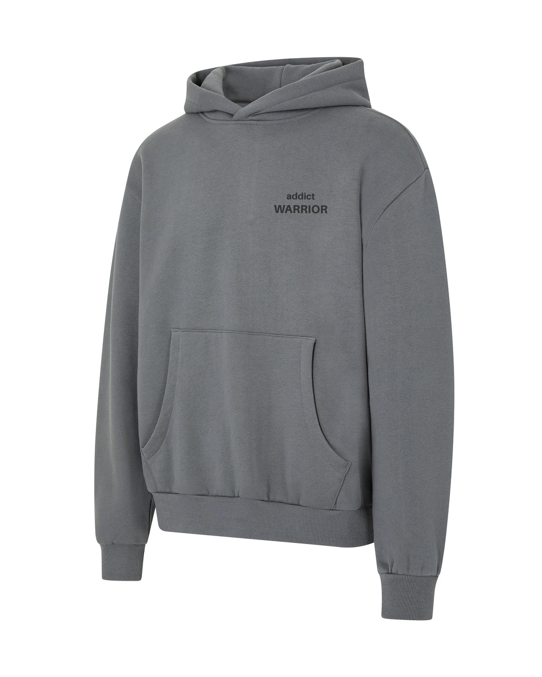 Gray hoodie with a kangaroo pocket and the words "addict warrior" printed on the chest.
