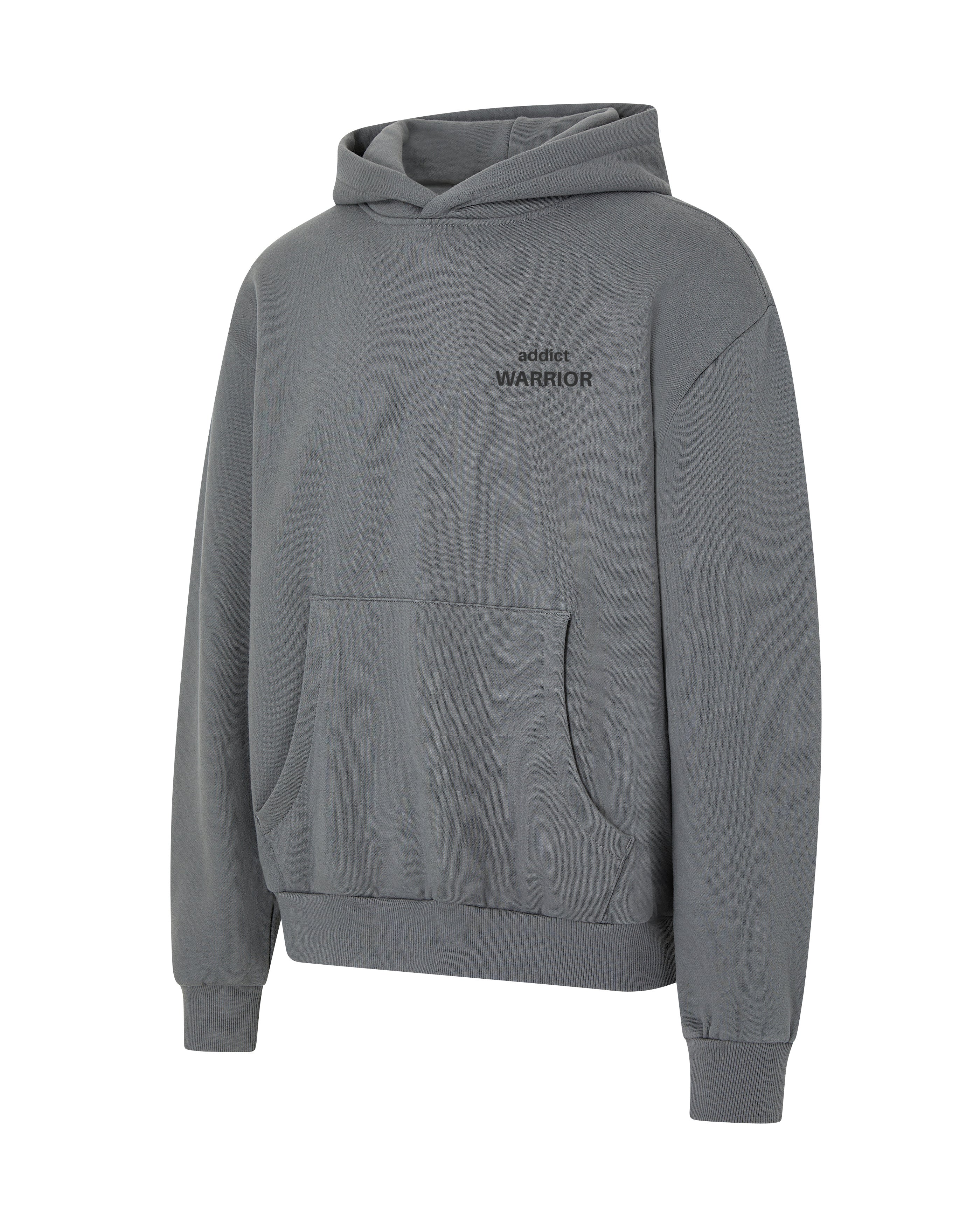 Gray hoodie with a kangaroo pocket and the words "addict warrior" printed on the chest.