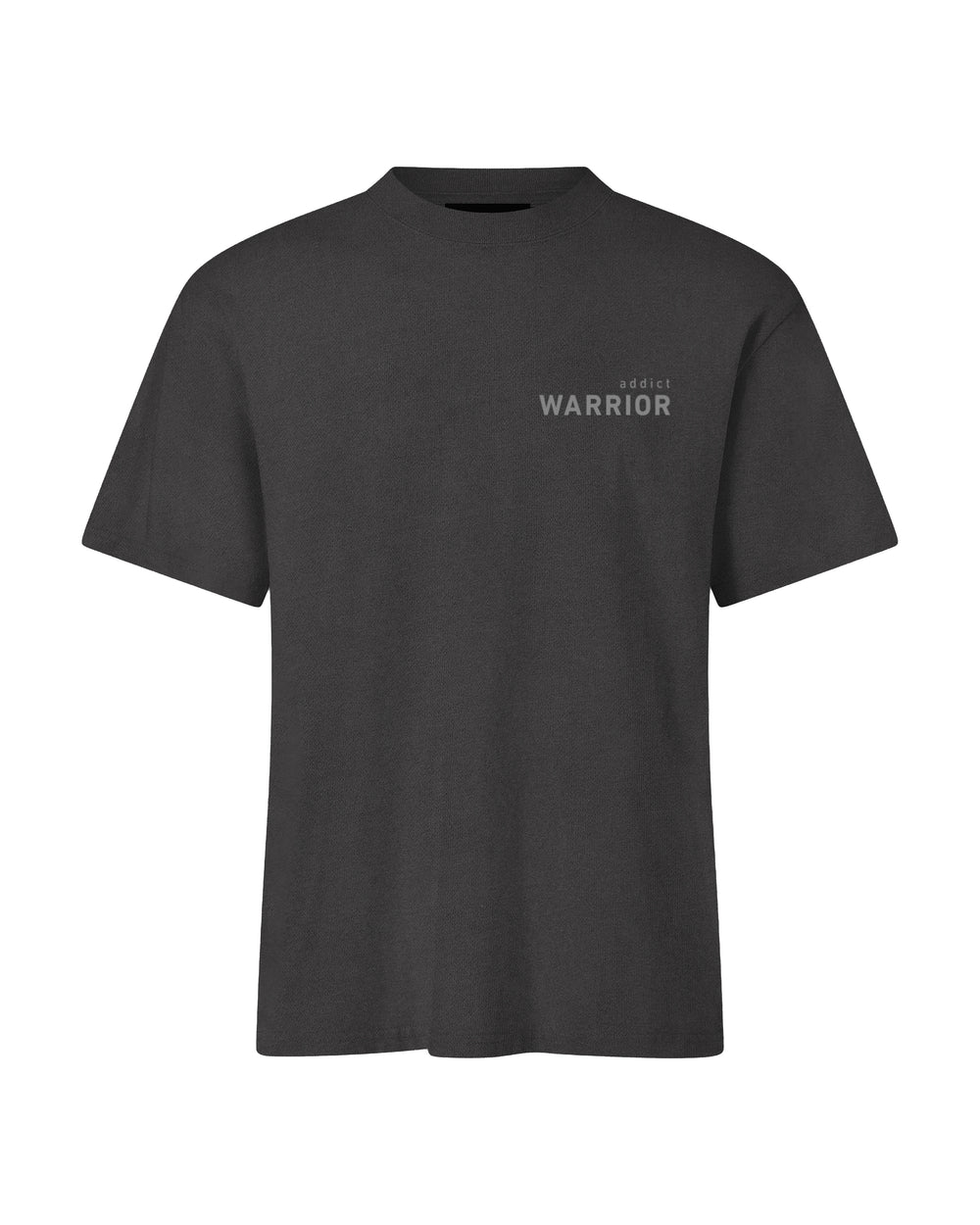 Faded black heavy  weighted t-shirt with 'Warrior Addict ' text on a white background