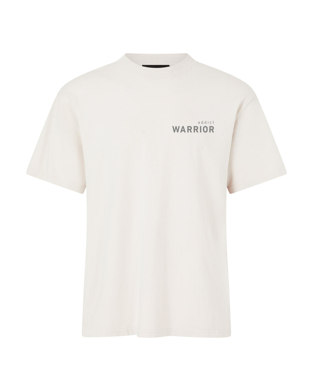 White  heavy weight  cotton t-shirt with 'Warrior Additc' text on a white background
