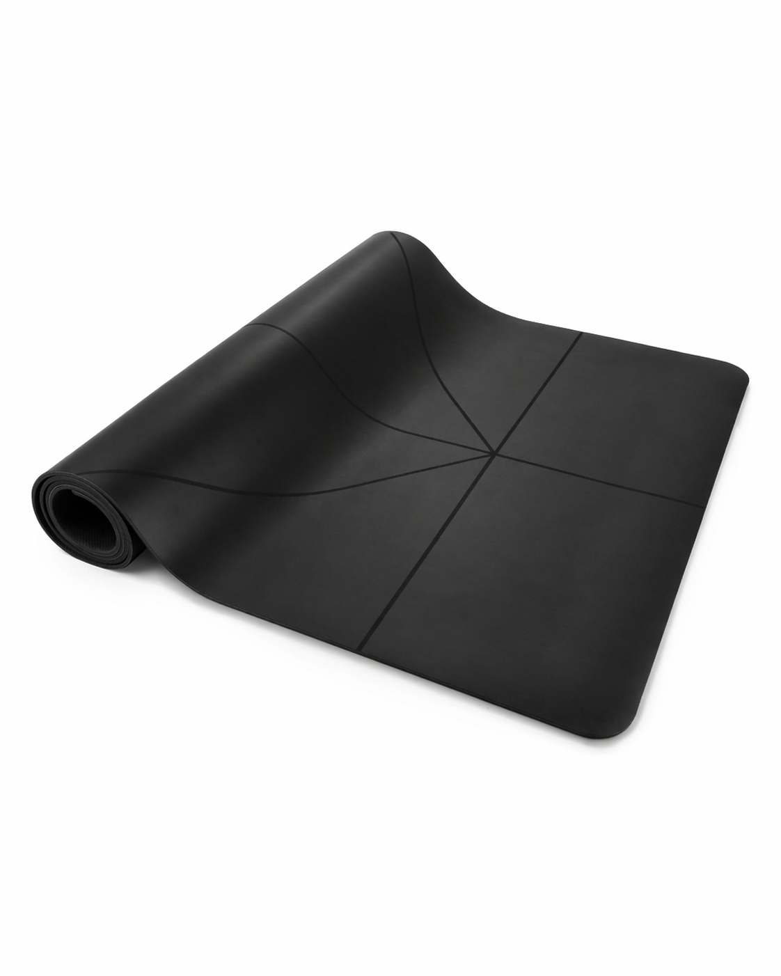 Black  warrior addict yoga mat with alignment lines made from PU and natural rubber, 4.5mm thickness part rolled on a white background