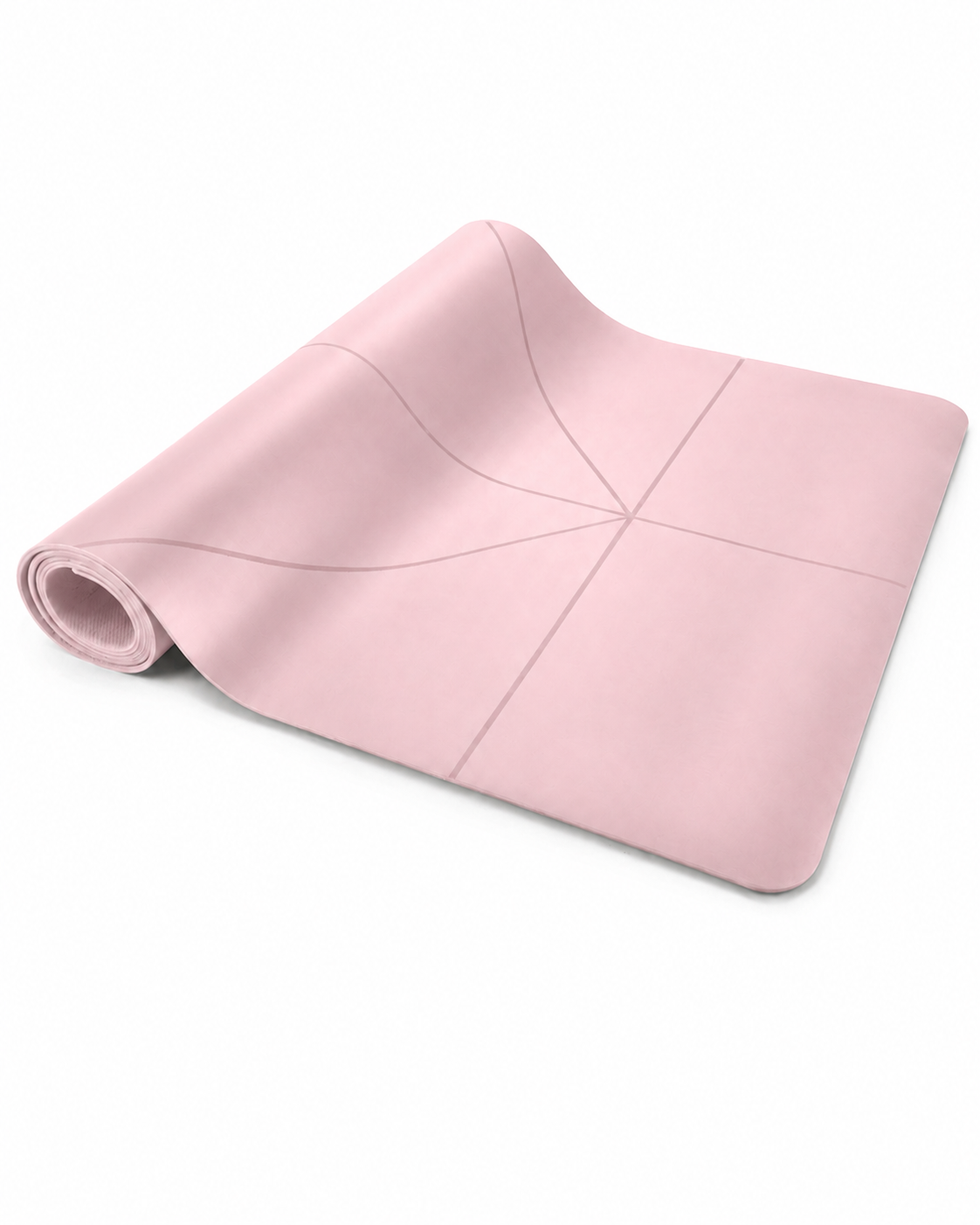 A light pink yoga mat shown partially unrolled on a clean white background.