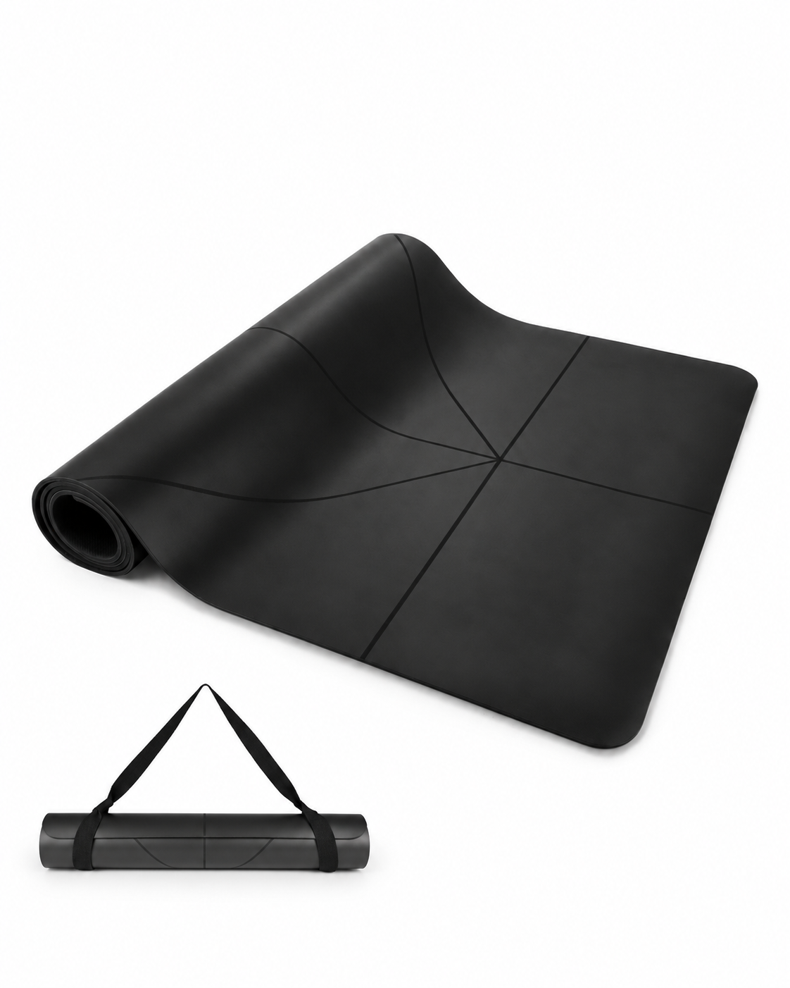 A black yoga mat shown partially unrolled with a folded section visible, plus a smaller inset at the bottom showing the rolled-up mat with a carry strap, on a plain white background.