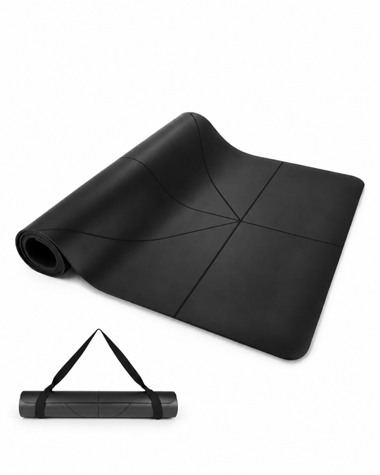 A black yoga mat shown partially unrolled with a folded section visible, plus a smaller inset at the bottom showing the rolled-up mat with a carry strap, on a plain white background.