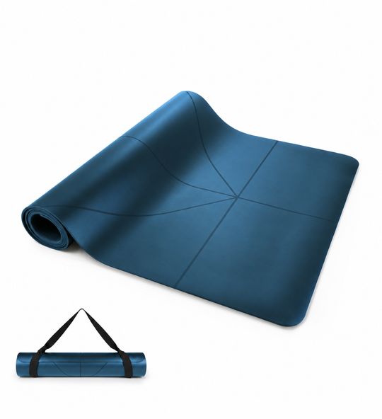A dark teal yoga mat shown partially unrolled on a white background, with a smaller inset at the bottom left showing the rolled-up mat with carrying straps.
