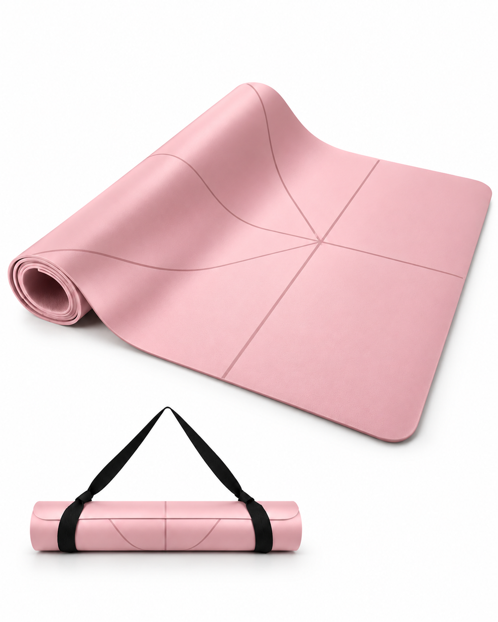 A pink foldable yoga mat shown partially unrolled with its black carry straps attached, on a clean white background.