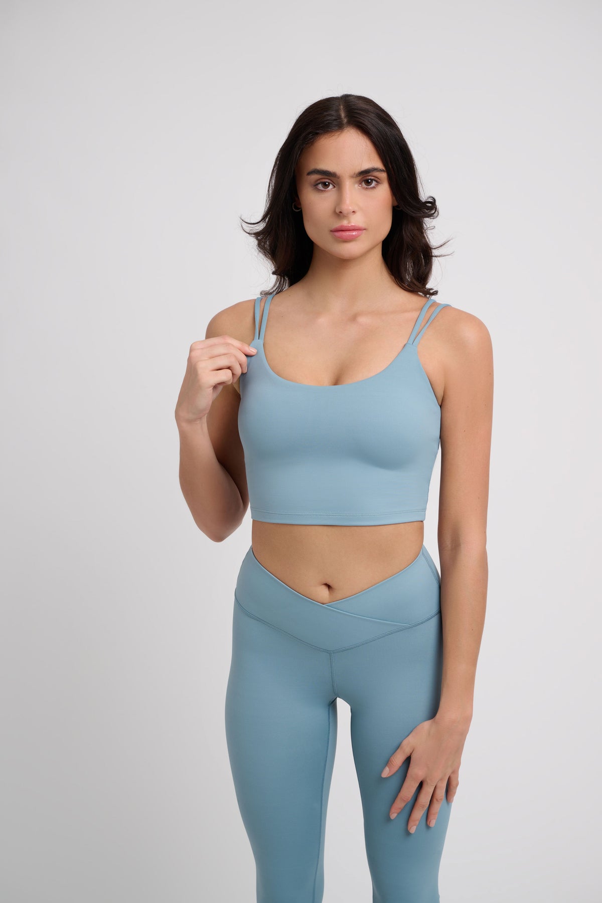blue womens yoga crop top by NE activewear modelled