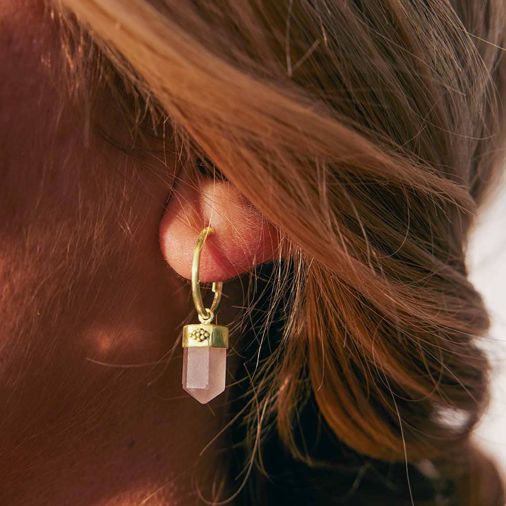Open Heart Rose Quartz Hoop Earrings - Gold